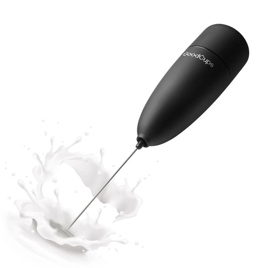 Black milk frother with 'GoodCups' branding on a white background with splashed milk.