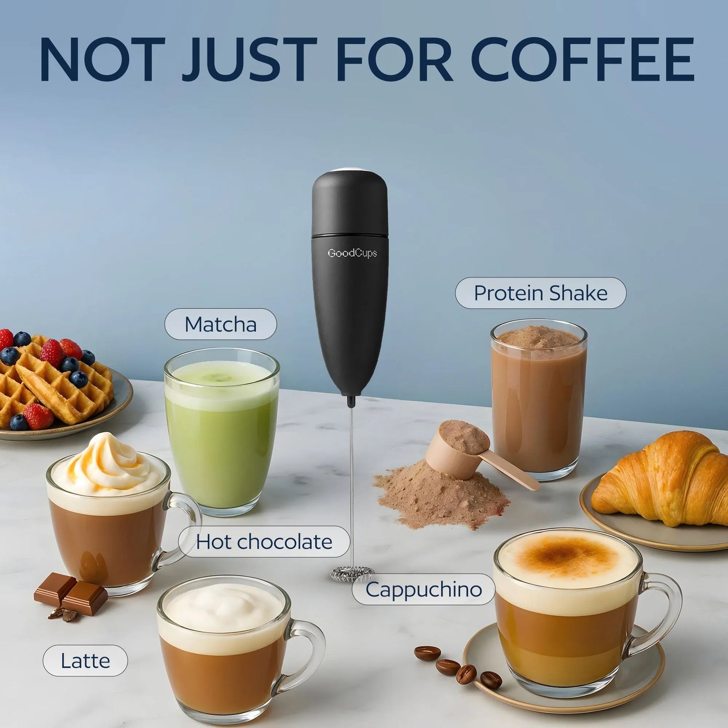 GoodCups milk frother with various coffee and non-coffee beverages on a table.