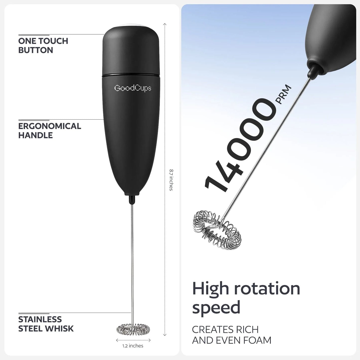 Black milk frother with features listed on a white background