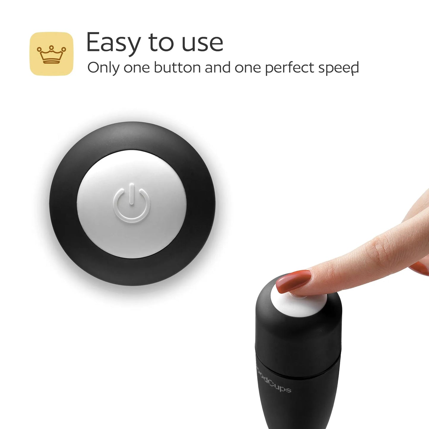 Black milk frother with a power button, labeled 'Easy to use' on a white background.