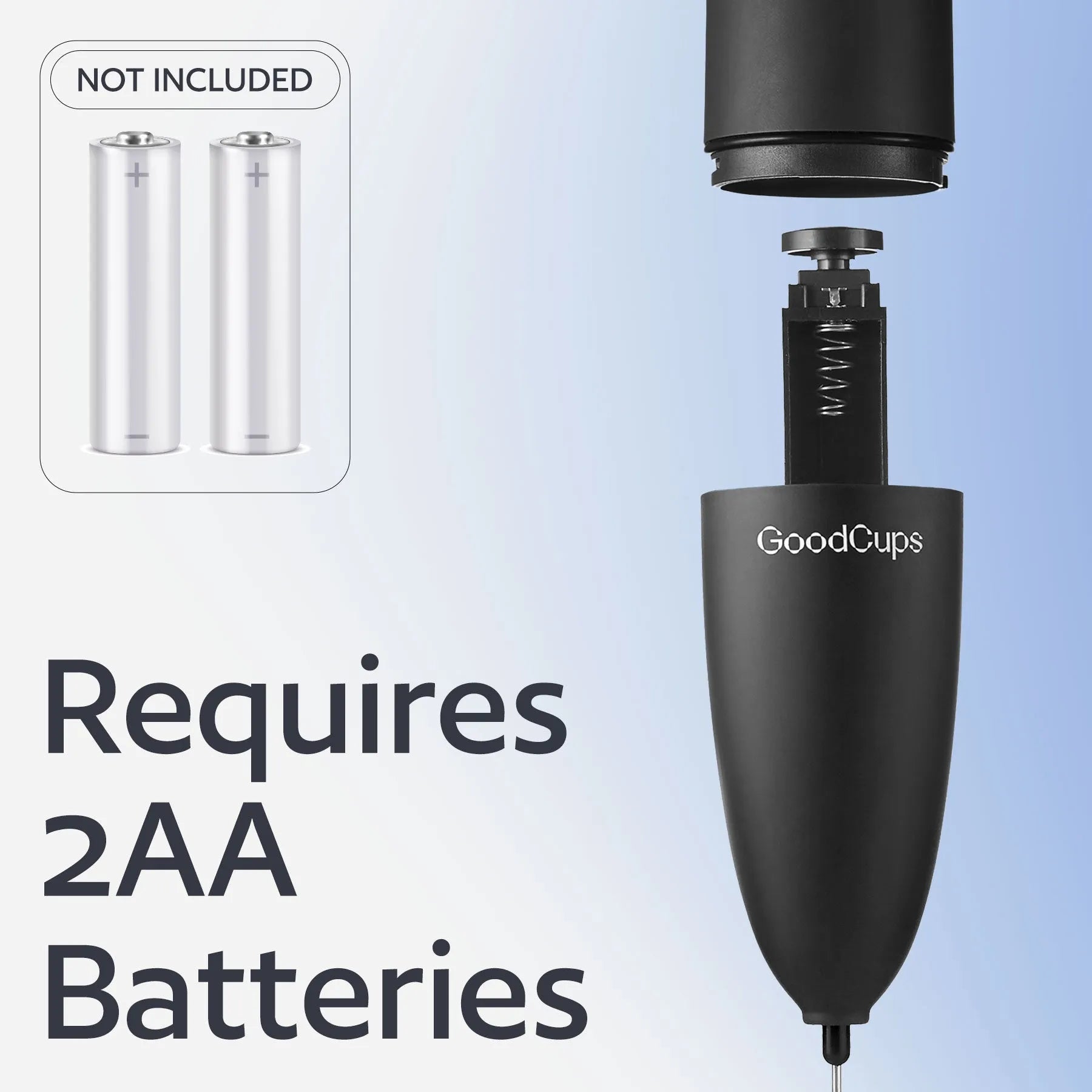 Black GoodCups coffee maker with batteries on a light blue background