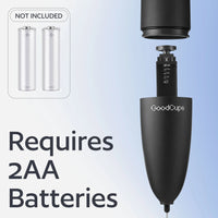 Black GoodCups coffee maker with batteries on a light blue background