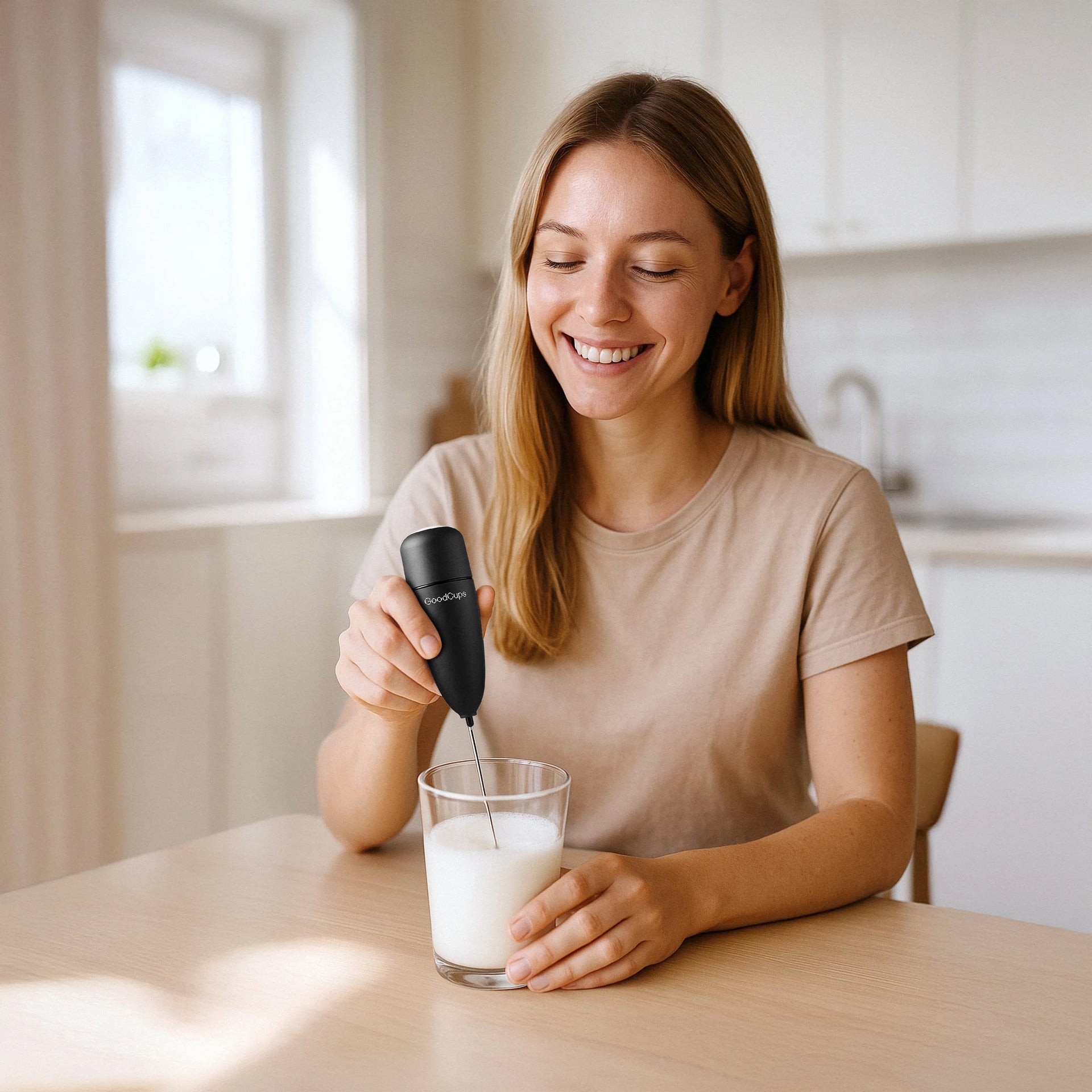 Woman using a hand mixer to blend ingredients in a glass on a kitchen counter.