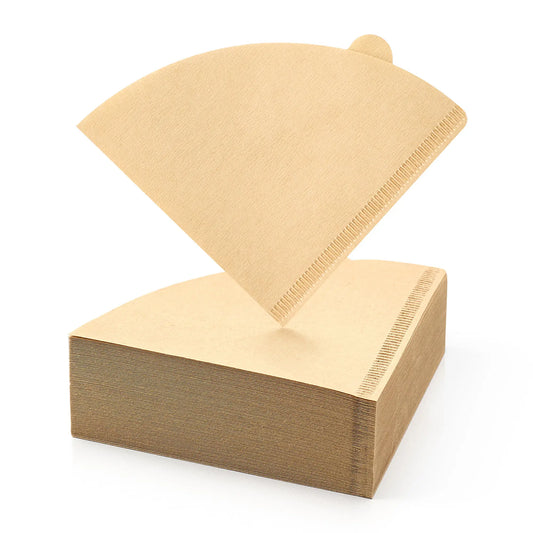 Stack of 100 unbleached size 2 cone coffee filters with one filter open on top showing natural brown paper and heat-sealed edges on white background