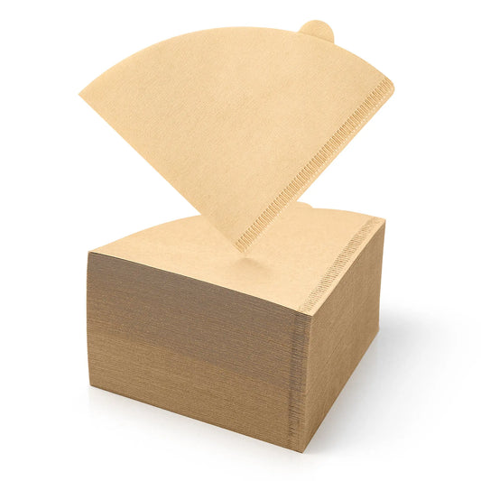 Stack of unbleached size 2 cone coffee filters with one filter open on top showing natural brown paper and heat-sealed edges on white background