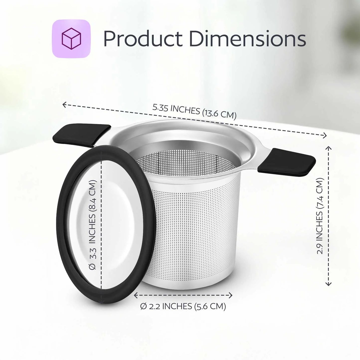 Tea infuser with dimensions labeled on a white background