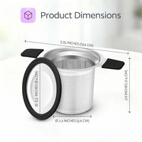Tea infuser with dimensions labeled on a white background