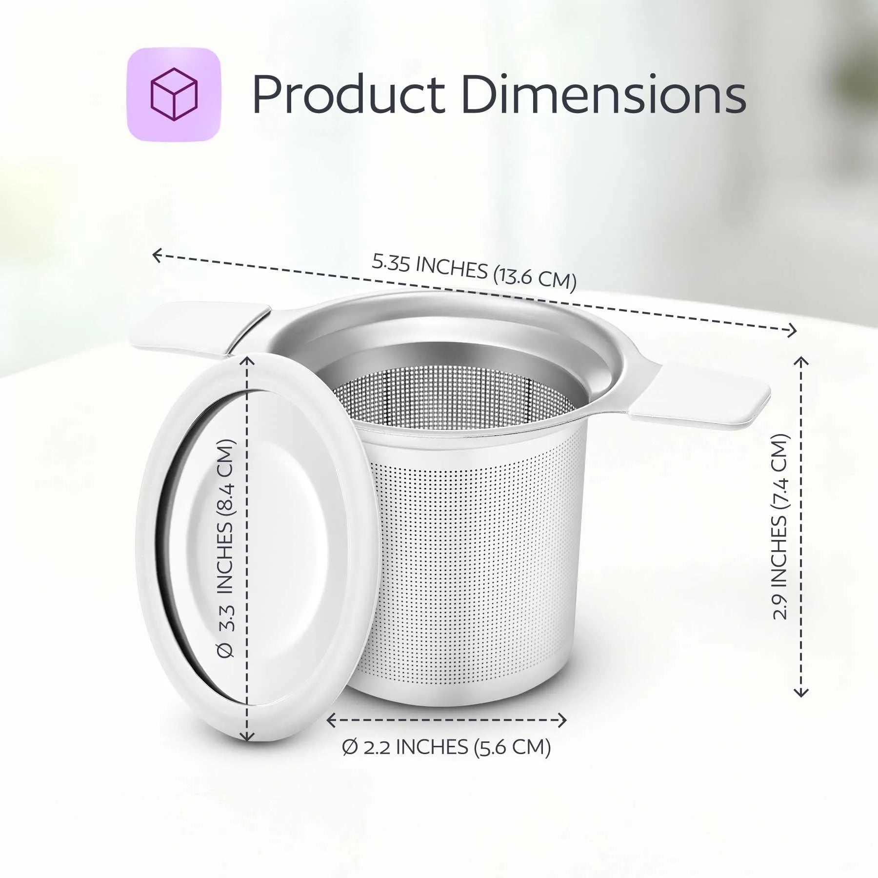 Stainless steel tea infuser with dimensions labeled on a white background
