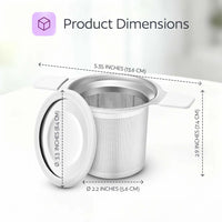 Stainless steel tea infuser with dimensions labeled on a white background
