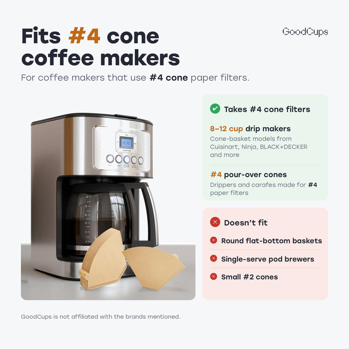 #4 paper cone filters fit 8-12 cup cone-basket drip makers and #4 pour-over cones, not round baskets or pods