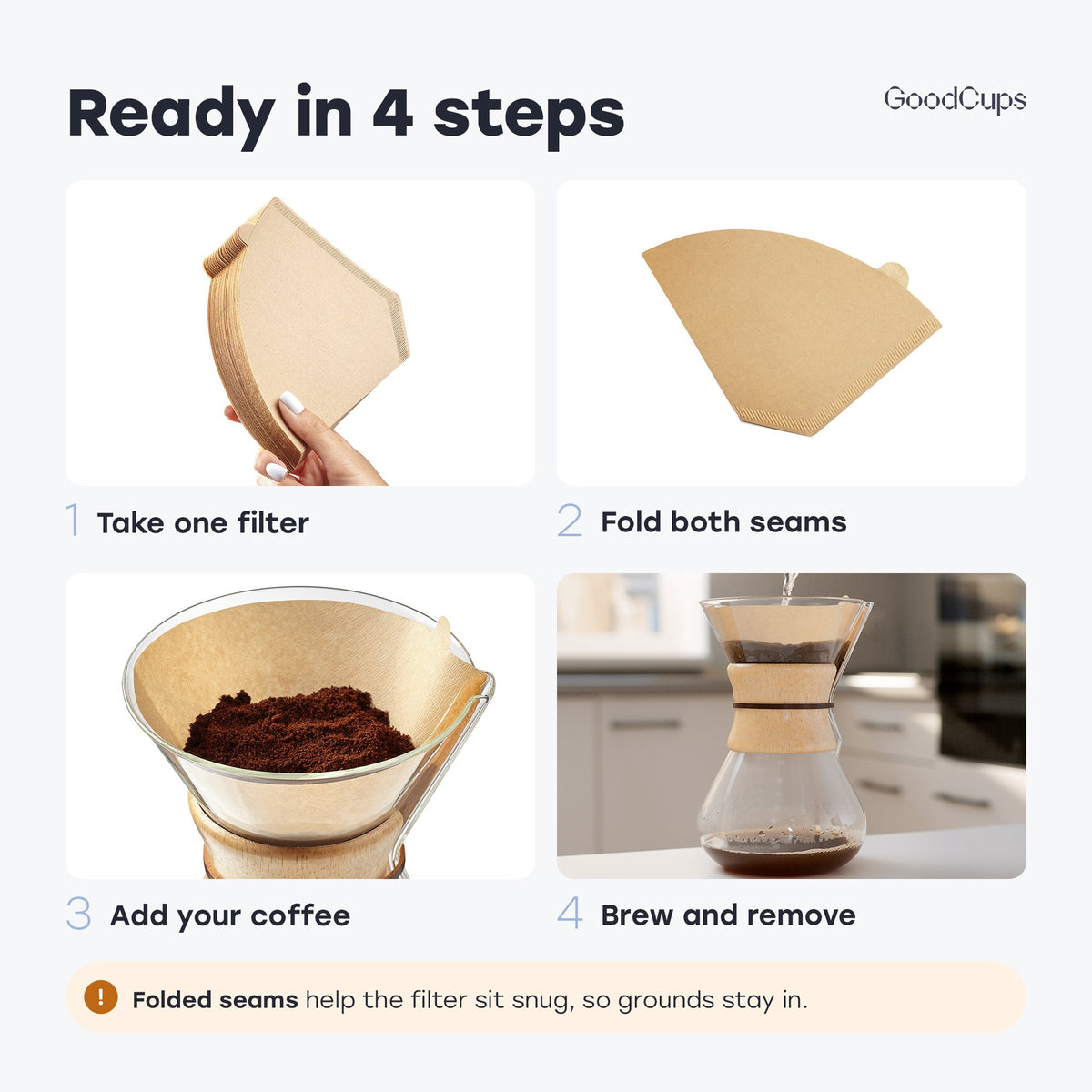 Ready in 4 steps: take one #4 filter, fold both seams, add your coffee, brew and remove the used filter
