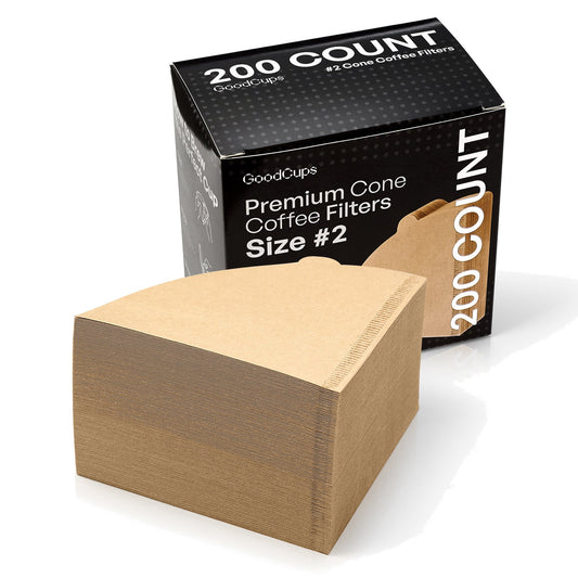 GoodCups 200 count #2 cone coffee filters: box and a stack of unbleached paper filters for size 02 pour-over drippers