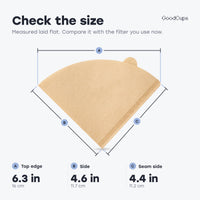 Check the size: laid flat, the #2 cone filter is 6.3 in across the top, 4.6 in on the side, 4.4 in on the seam side