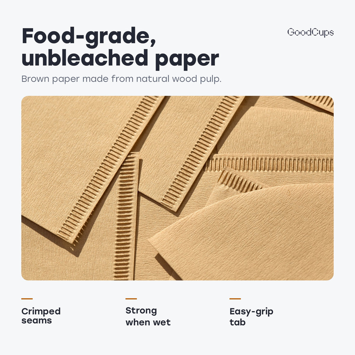 Food-grade, unbleached paper: brown #2 cone filters with crimped seams, strong when wet, with an easy-grip tab