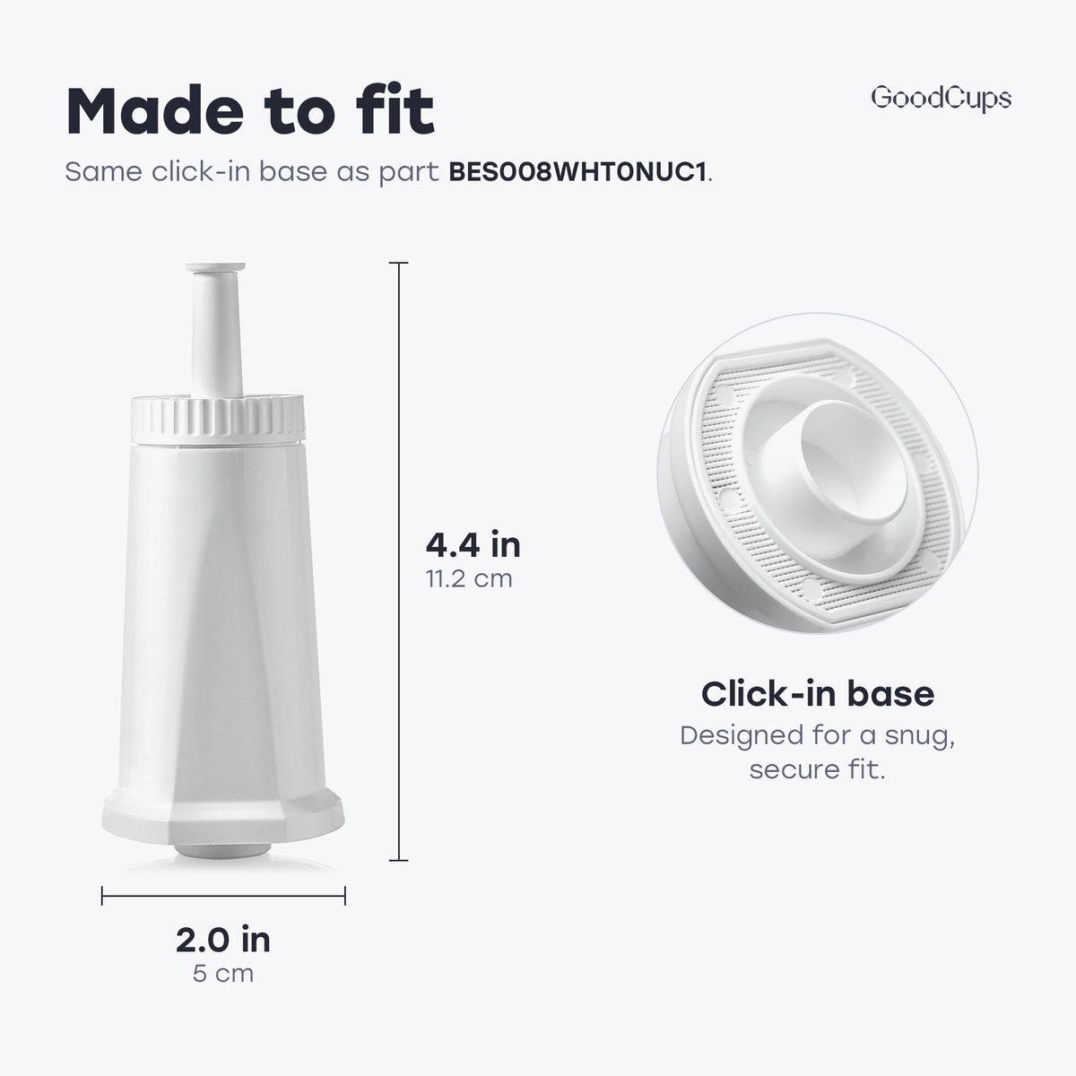 Made to fit: cartridge 4.4 x 2.0 in (11.2 x 5 cm) with a click-in base for a snug, secure fit