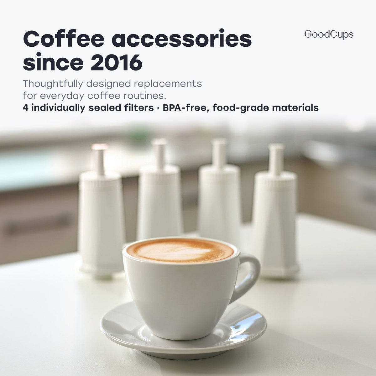 GoodCups coffee accessories since 2016: Breville water filters next to a cappuccino on a kitchen counter