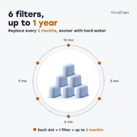 6 filters, up to 1 year: replace every 2 months, sooner with hard water