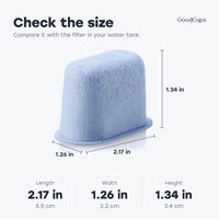 Filter size 2.17 x 1.26 x 1.34 in (5.5 x 3.2 x 3.4 cm) to compare with the filter in your water tank
