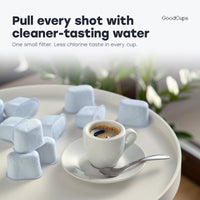 Espresso cup on a saucer surrounded by GoodCups charcoal water filters for Breville machines