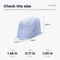 Filter size 1.68 x 0.71 x 1.00 in (4.3 x 1.8 x 2.5 cm) to compare with your current filter