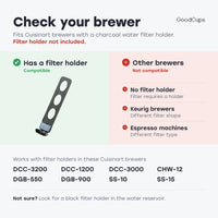Check your brewer: fits Cuisinart brewers with a charcoal water filter holder, e.g. DCC-3200. Holder not included