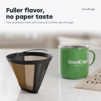 Fuller flavor, no paper taste: fine stainless mesh lets natural coffee oils through