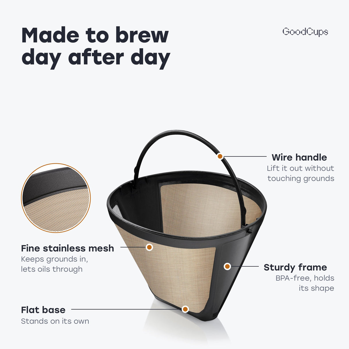 Made to brew day after day: fine stainless mesh, wire handle, sturdy BPA-free frame and flat base