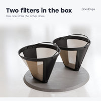 Two GoodCups reusable #4 cone coffee filters on a stone plate