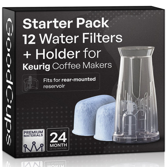 GoodCups starter pack: short water filter holder and 12 charcoal filters for Keurig brewers with a rear reservoir