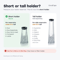 Short or tall holder: this kit has the short holder for reservoirs under 8 in tall; not for K-Mini or K-Mini Plus
