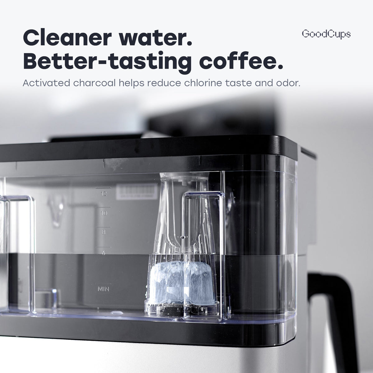 Short water filter holder with a charcoal filter inside a Keurig K-Duo water reservoir