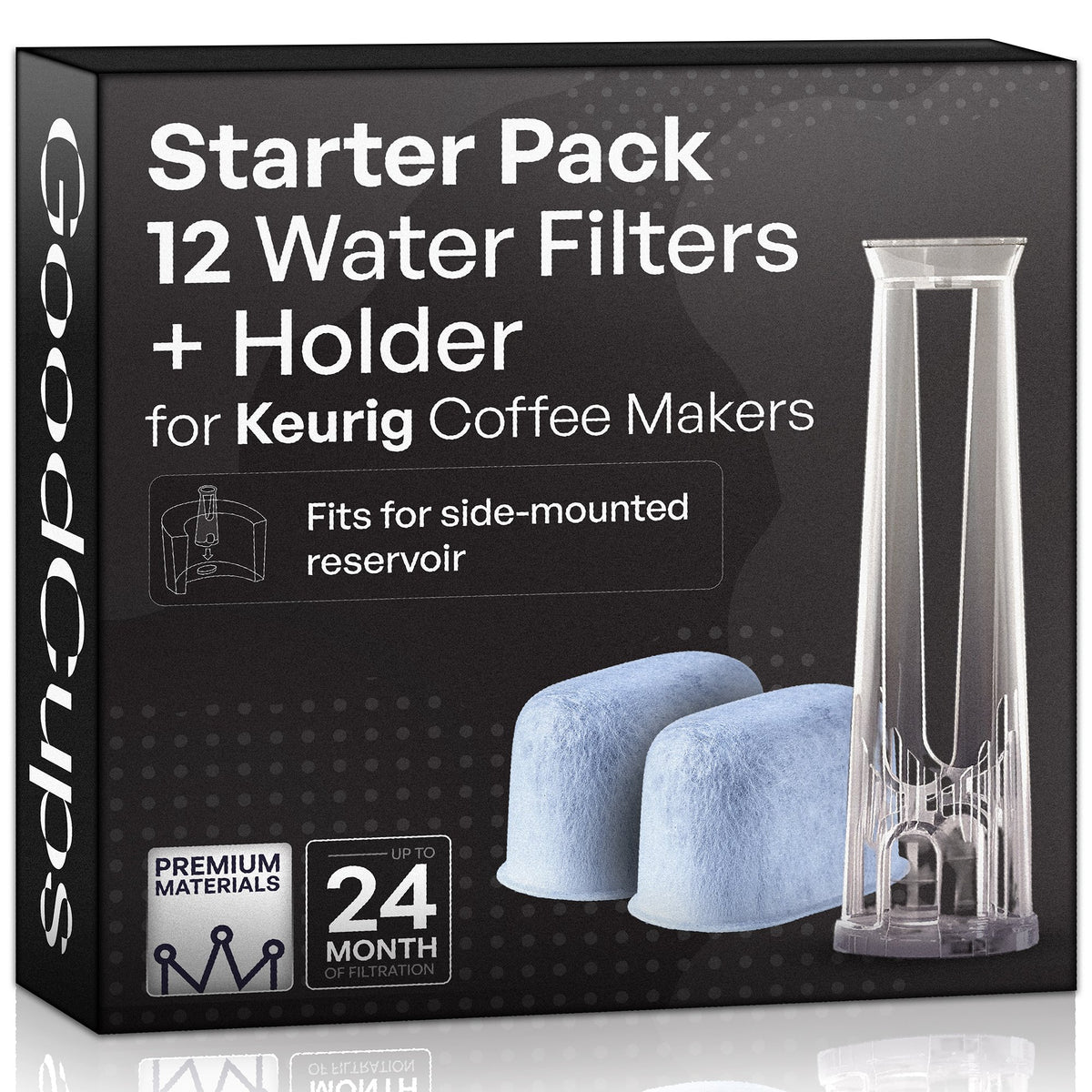 GoodCups starter pack: tall water filter holder and 12 charcoal filters for Keurig brewers with a side reservoir