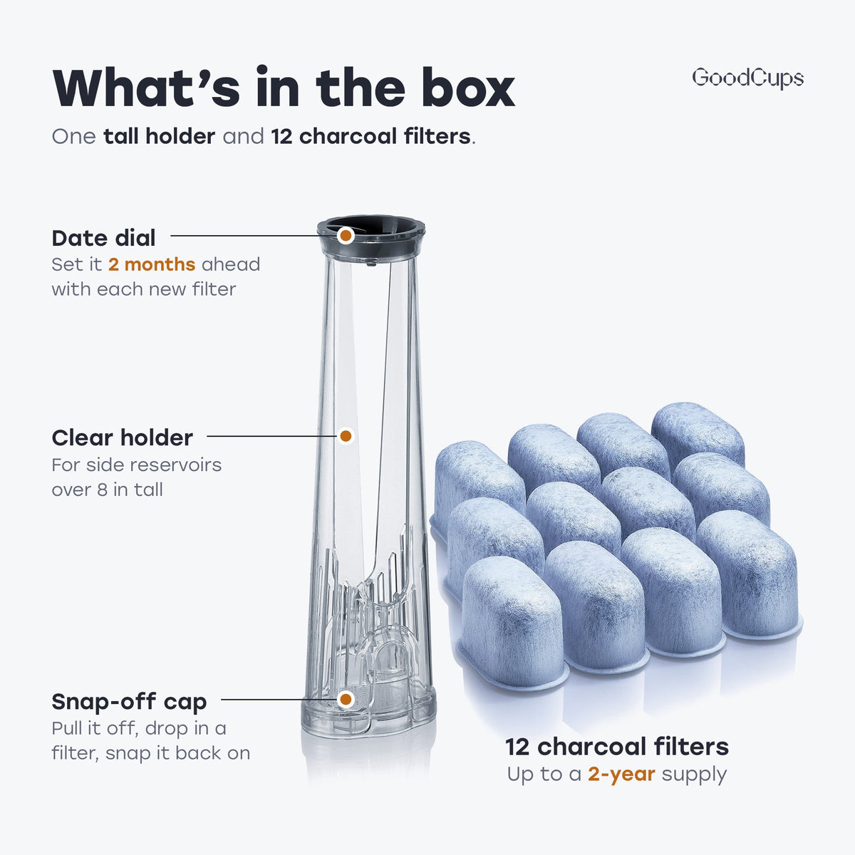 What's in the box: tall holder with date dial and snap-off cap, plus 12 charcoal filters