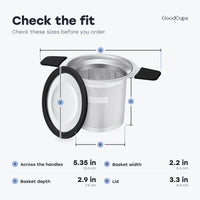 Tea infuser size: 5.35 in across the handles, basket 2.2 in wide and 2.9 in deep, lid 3.3 in