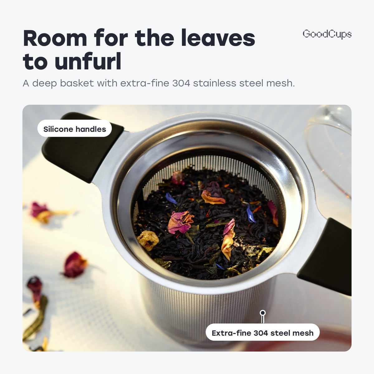 Loose leaf tea in the deep basket with silicone handles and extra-fine 304 stainless steel mesh