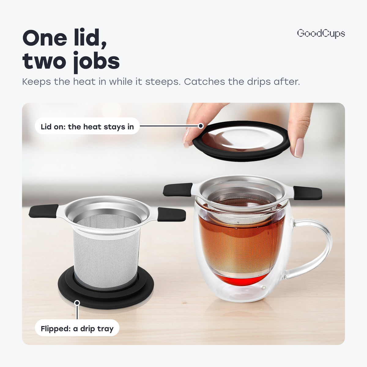 One lid, two jobs: it keeps the heat in while the tea steeps, then flips into a drip tray
