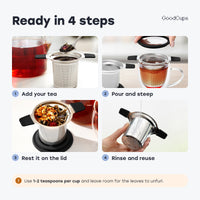 Ready in 4 steps: add your tea, pour and steep, rest it on the lid, rinse and reuse