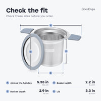 Tea infuser size: 5.35 in across the handles, basket 2.2 in wide and 2.9 in deep, lid 3.3 in