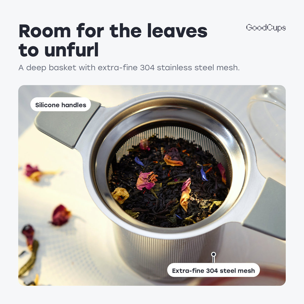 Loose leaf tea in the deep basket with silicone handles and extra-fine 304 stainless steel mesh