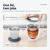 One lid, two jobs: it keeps the heat in while the tea steeps, then flips into a drip tray