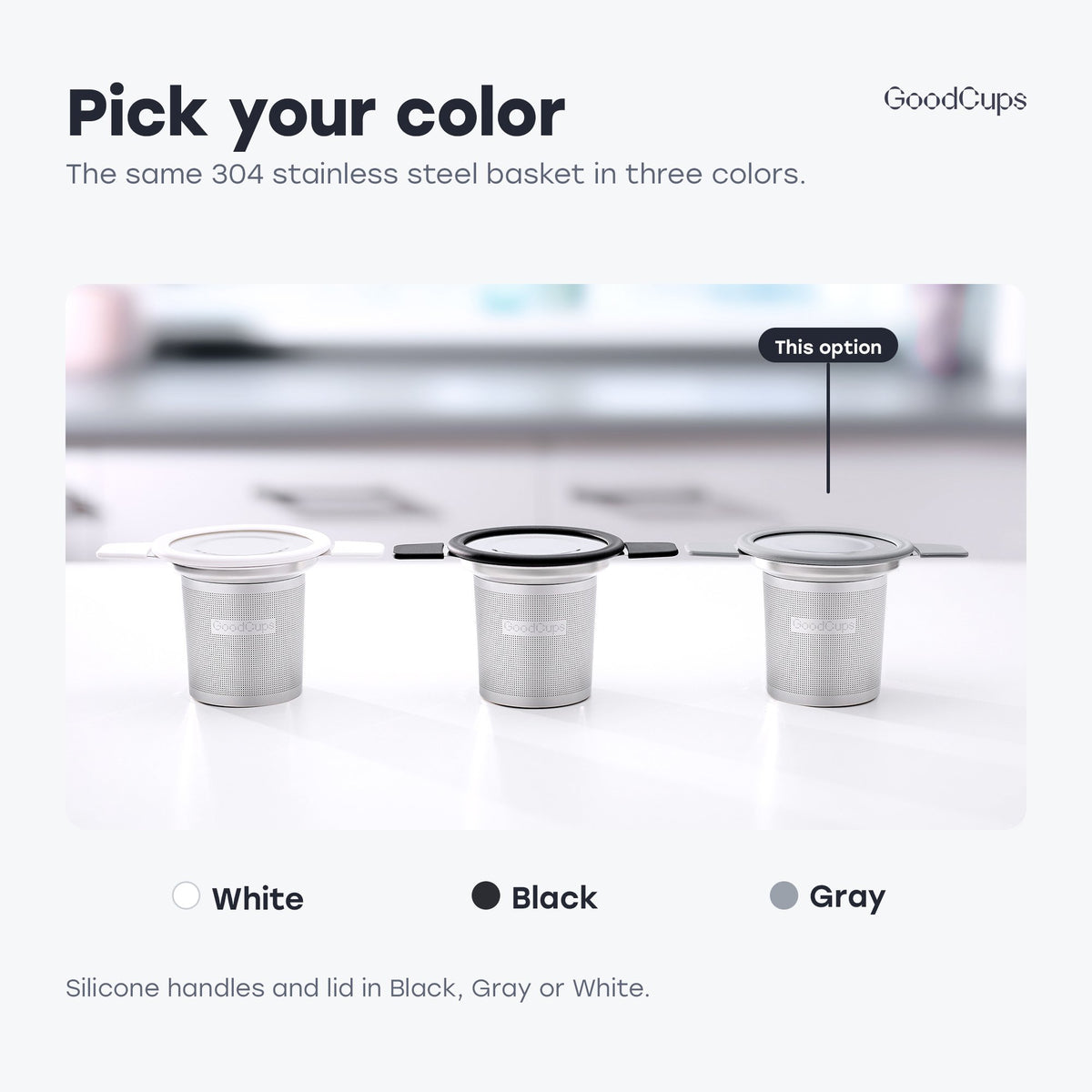 Pick your color: tea infuser with black, gray or white silicone handles and lid