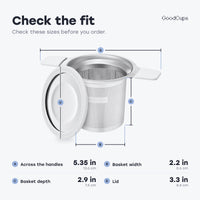 Tea infuser size: 5.35 in across the handles, basket 2.2 in wide and 2.9 in deep, lid 3.3 in