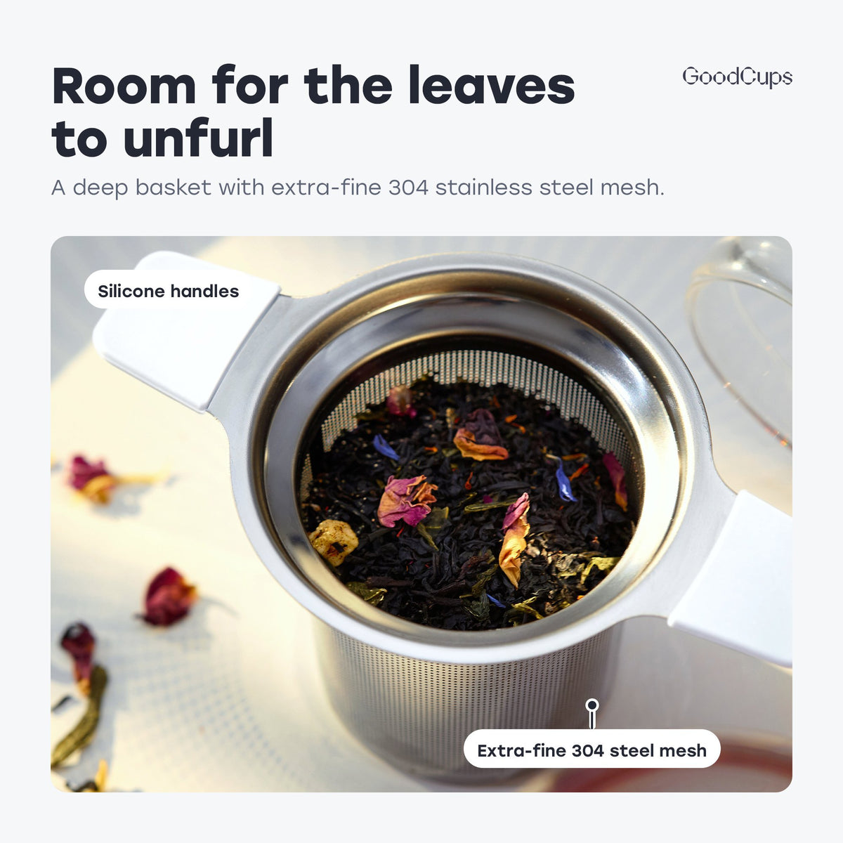 Loose leaf tea in the deep basket with silicone handles and extra-fine 304 stainless steel mesh