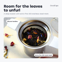 Loose leaf tea in the deep basket with silicone handles and extra-fine 304 stainless steel mesh
