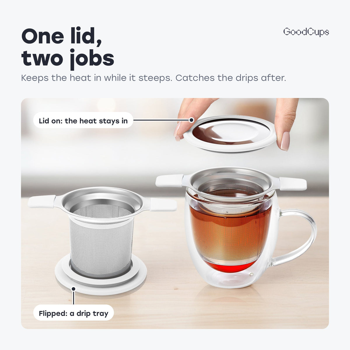 One lid, two jobs: it keeps the heat in while the tea steeps, then flips into a drip tray