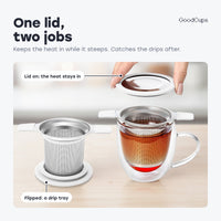 One lid, two jobs: it keeps the heat in while the tea steeps, then flips into a drip tray